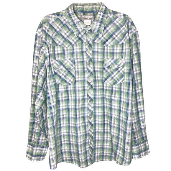 Wrangler Wrancher Pearl Snap Green Blue Plaid Long Sleeve Shirt Size XXL - Picture 1 of 6
